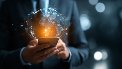 Businessman using smartphone with digital globe and network connection - Powered by Adobe