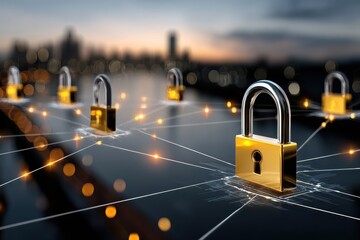 Innovative digital security locks connect in a futuristic cityscape during twilight hours