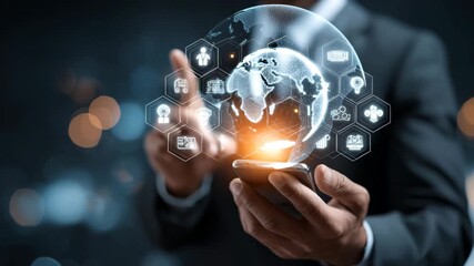 Businessman using smartphone with holographic globe and digital interface - Powered by Adobe