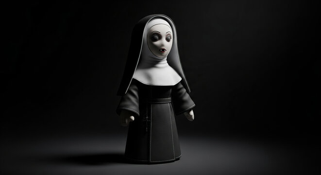 Photographie d'une peluche de Valak pour la f&ecirc;te d'halloween sur un fond noir uni