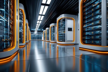 High-tech server room illuminated by vibrant lights, showcasing advanced technology and sleek design in a futuristic space