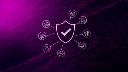 purple background with digital security shield with checkmark icon, representing data protection and cyber safety, held between open hands with glowing lights and network . - Powered by Adobe