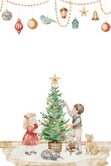 Watercolor illustration Christmas Template for cards with kids decorating tree with garlands and toys. Cozy vintage holiday frame for Xmas invitations or New Year greeting cards. Art for posters.