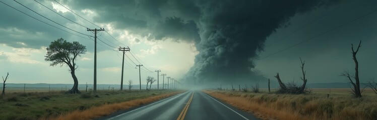 Powerful tornado moves across desolate rural highway under dark stormy clouds. Massive twister brings destruction with strong wind. Natural disaster shows nature force threatening empty road, damaged