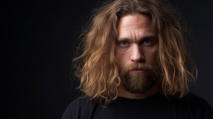 Fototapeta premium A pensive Caucasian man with wild hair channels Viking saga energy, perfect for World Beard Day and storytelling festivals