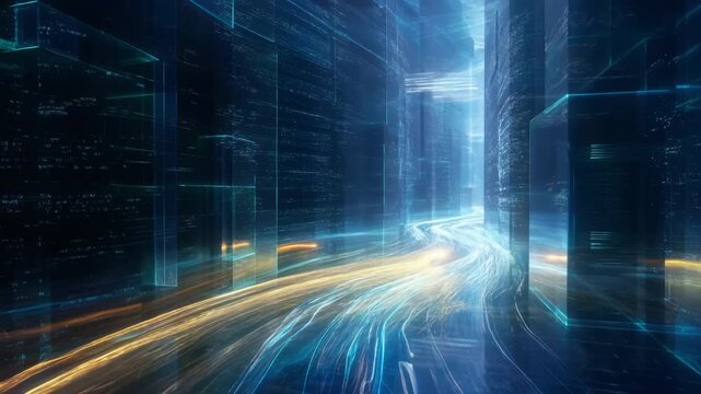In a vast futuristic canyon made of glass and code, streams of blue and gold data flow like liquid light through crystalline channels. The camera flies low over the glowing river, following the curren