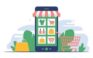 Fototapeta premium Mobile online shopping experience with products and shopping cart on a smartphone