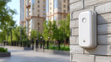 An entry system stands on a brick wall with tall buildings and lush greenery visible in the background, showcasing urban living