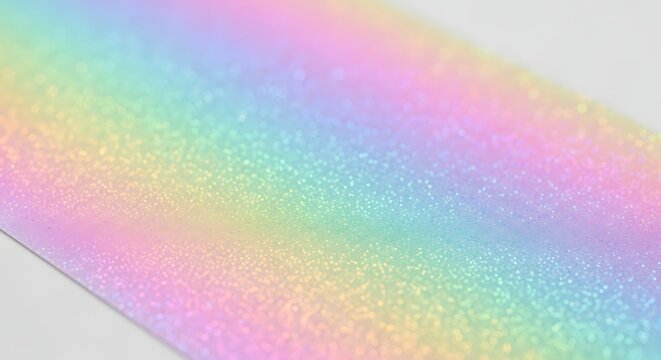 A closeup view of a pastel rainbowcolored holographic material with a glitter effect, creating a soft and shimmering texture