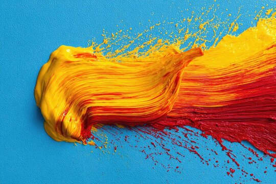 Vibrant abstract featuring a smear of yellow, orange, and red paint against a blue backdrop