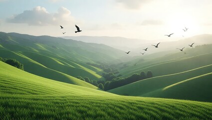 Birds flying over rolling green hills at sunrise.