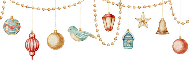 Seamless watercolor pattern with Christmas ornaments, baubles, and festive decorations. Illustration of Xmas border for New Year wrapping paper or greeting cards. Art with garlands for invitations.