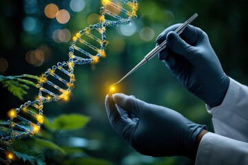 Hands engaged in genetic research, manipulating DNA strands in a lush green environment under soft light