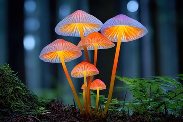 Glowing mushrooms illuminate a forest floor in a magical evening setting with soft blue backgrounds