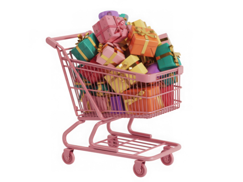 Pink shopping cart overflowing with colorful gift boxes isolated on transparent background - Powered by Adobe