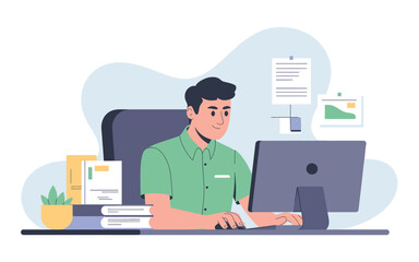 Office worker typing on computer desk with documents and chair in modern workspace