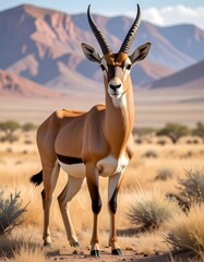 Gazelle stands tall in the arid, golden expanse, majestic horns prominent