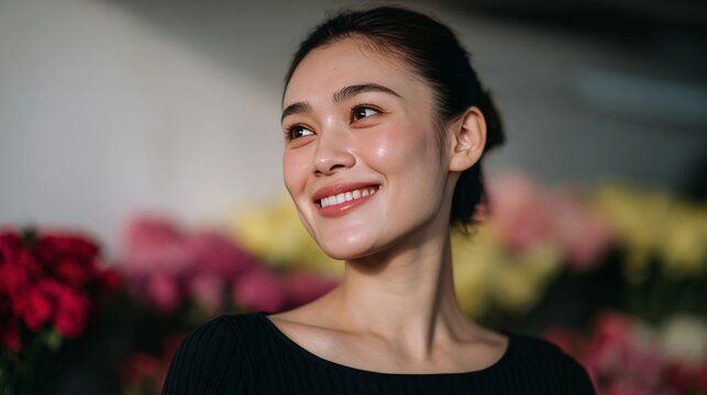 Asian female smiling amidst vivid floral tapestry, celebrating Hanami blooms and International Day of Happiness with radiant joy