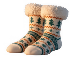 Cozy christmas patterned winter socks with fluffy trim isolated on transparent background