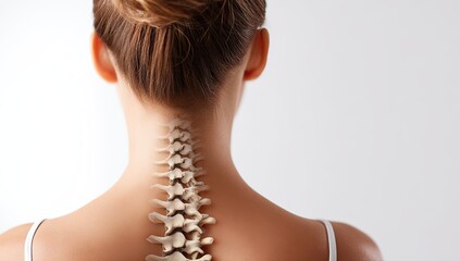 Rear view of a woman with a skeletal spine overlay, set against a simple white background