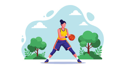 Flat style illustration of a woman playing basketball outdoors, dribbling the ball with focus and energy, representing fitness, determination, and an active lifestyle