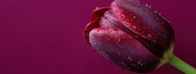A close-up of a single, dark red tulip with water droplets, set against a rich purple backdrop