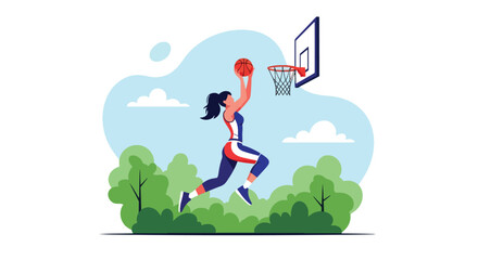 Flat style illustration of a woman playing basketball outdoors, jumping to make a shot at the hoop, representing energy, determination, and athletic skill in sports