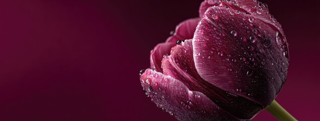 Close-up photo of a dark purple flower with water droplets, against a matching gradient background