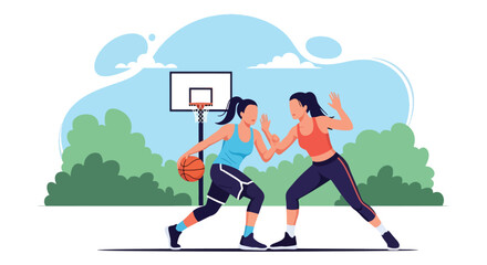 Flat style illustration of two women playing basketball outdoors, showing energy, focus, and teamwork during an intense game on a sunny day at the sports court
