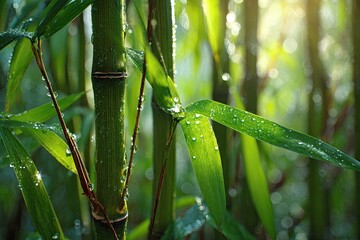 Close-up of bamboo stalks and leaves, shimmering with water droplets, sunlit and vibrant