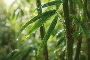 Close-up of vibrant bamboo stalks & leaves glistening with water droplets. Soft, natural lighting