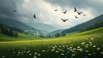 Fototapeta premium Birds soaring over a vibrant green meadow and rolling hills under a cloudy sky.