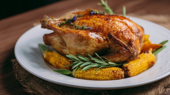 Golden roast chicken atop sage-strewn corn, a Thanksgiving feast, savoring autumnal warmth and rustic harvest charm