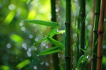Close-up of bamboo stalks with water droplets and leaves, soft focus background