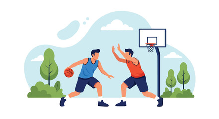 Obraz premium Flat style illustration of two men playing basketball outdoors, showing teamwork, competition, and fitness on a sunny day in a park or sports court setting