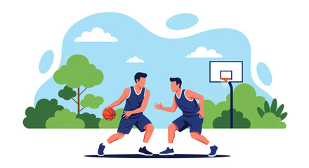 Flat style illustration of two men playing basketball outdoors, showing teamwork, competition, and fitness on a sunny day in a park or sports court setting