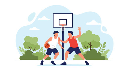 Flat style illustration of two men playing basketball outdoors, showing teamwork, competition, and fitness on a sunny day in a park or sports court setting