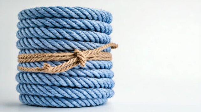 Blue rope coil neatly arranged with brown twine against a simple background