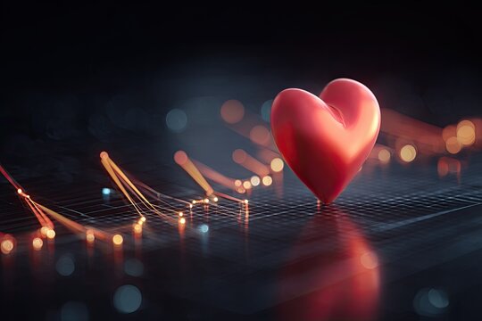 A vibrant red heart floats on a dark surface, illuminated by glowing lines and bokeh effects