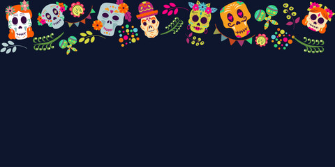 Fototapeta premium Festive Day of the Dead Border,Frame with colorful sugar skulls, maracas, and flowers on dark background. Perfect for Mexican holiday Banners, Invitations, Card, and celebration designs.