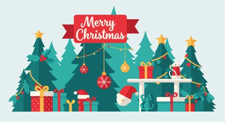 Flat style Christmas illustration with decorated trees, gifts, ornaments, and festive lights, featuring a "Merry Christmas" banner to celebrate the holiday spirit with joy and warmth