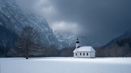 Cozy alpine chapel whispers winter tranquility beneath brooding stormy skies, evoking Krampusnacht magic and serene Epiphany contemplation
