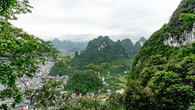 Xingping Ancient Town and karst mountains panorama