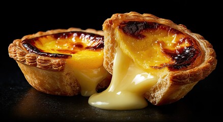 Golden, flaky pastry tart sliced, revealing rich, creamy custard against a stark black backdrop