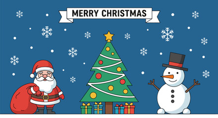 Flat style Christmas illustration with decorated trees, gifts, ornaments, and festive lights, featuring a 