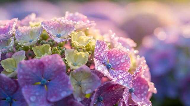 Close-up of Hydrangea Flowers with Water Droplets in Soft Light.