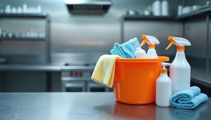 Cleaning supplies on stainless steel table in commercial kitchen. Orange bucket holds detergent sprays, soap, microfiber cloths for pro sanitation. Concept of hygiene management, food safety,
