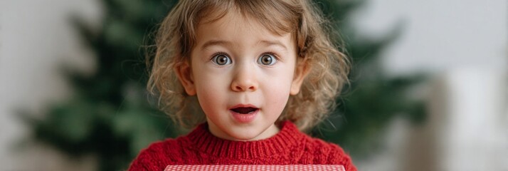 Amazed child with curly hair, European descent, holds festive gift, evoking Yuletide wonder and St Nicholas Day joy