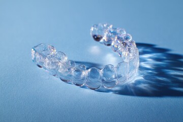 Clear plastic dental aligner casts a blue shadow against a flat light-blue surface