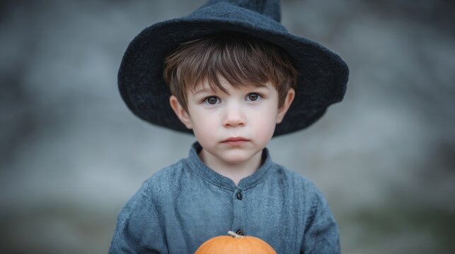 Little sorcerer boy clutching pumpkin, enchanting autumn whispers, Samhain magic, Halloween charm, Celtic tales under moonlit skies